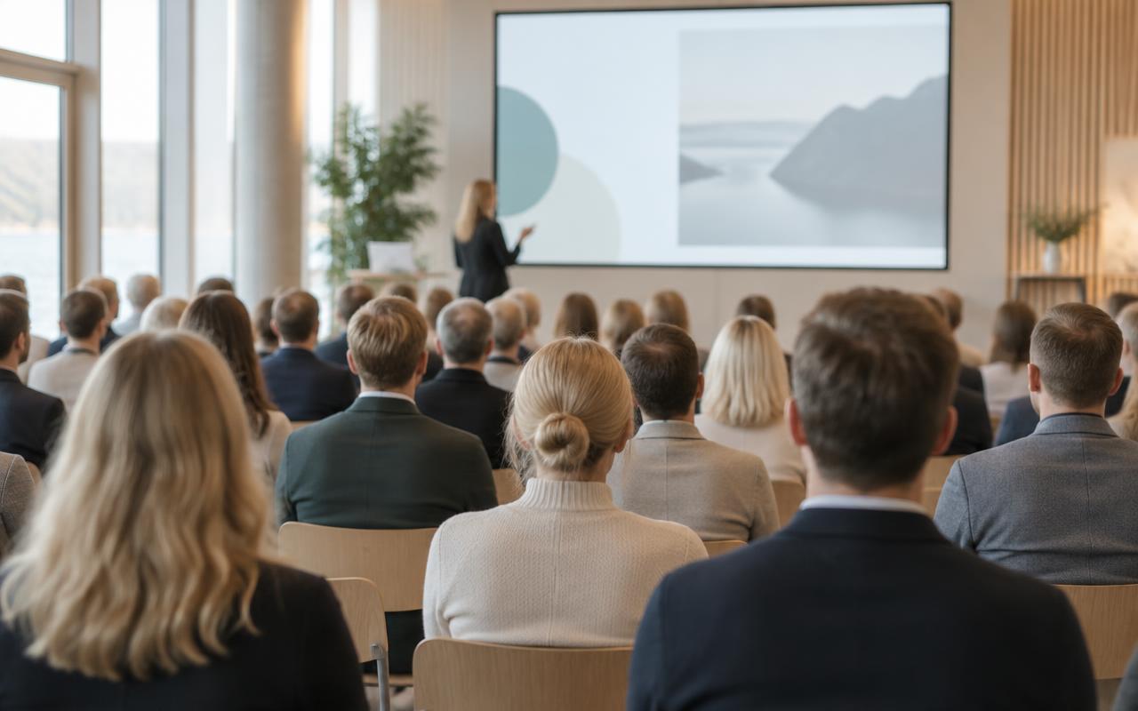 Föreläsning med en talare framför en publik i en ljus konferenslokal.